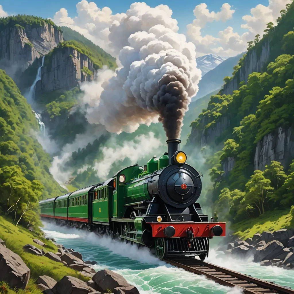 a painting of a train traveling through a mountainous area with a river and mountains in the background and smoke billowing out of the engine, fantastic realism, a detailed matte painting, Evgeny Lushpin, highly detailed digital painting