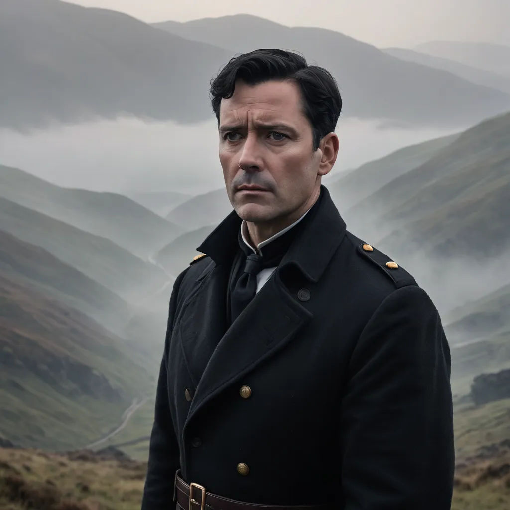 a man in a military uniform standing in a field with mountains in the background and fog in the air, pre-raphaelitism, a character portrait, David Annand, promotional image