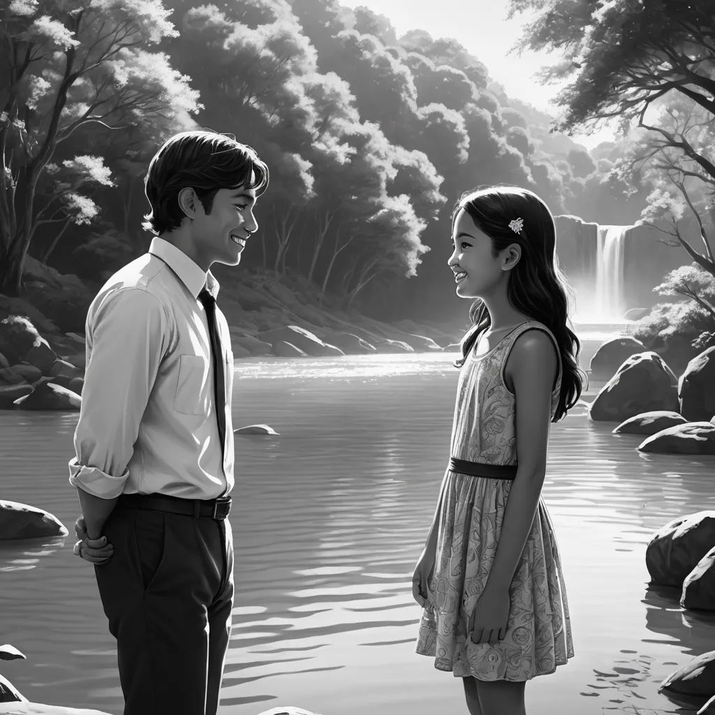 a man and a woman standing next to a lake with a waterfall in the background and trees in the background, magical realism, a black and white photo, Brad Kunkle, promotional image