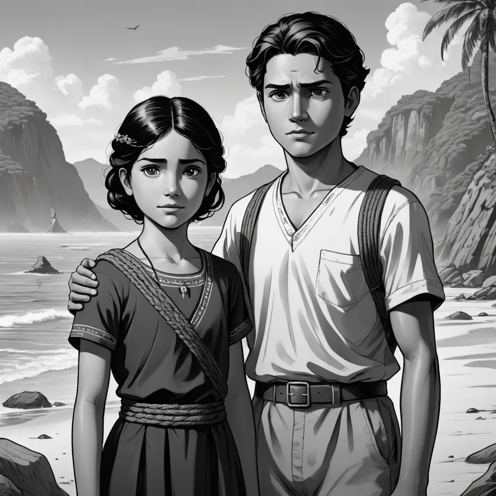 a man and a woman standing next to each other on a beach near the ocean with mountains and rocks, serial art, a black and white photo, Cliff Childs, graphic novel