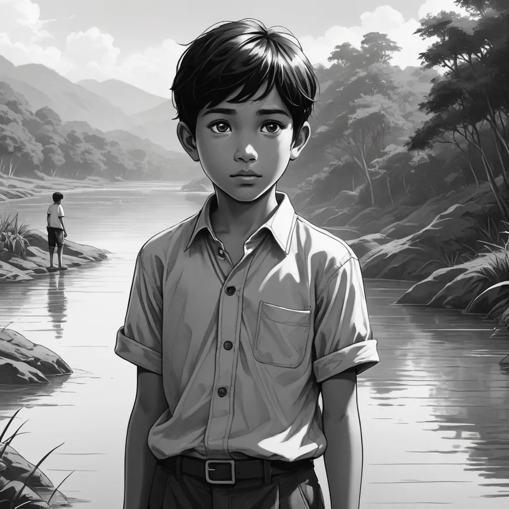 a boy standing in front of a river with a person standing on the shore in the background and a person standing on the bank, serial art, a black and white photo, Arthur Pan, graphic novel