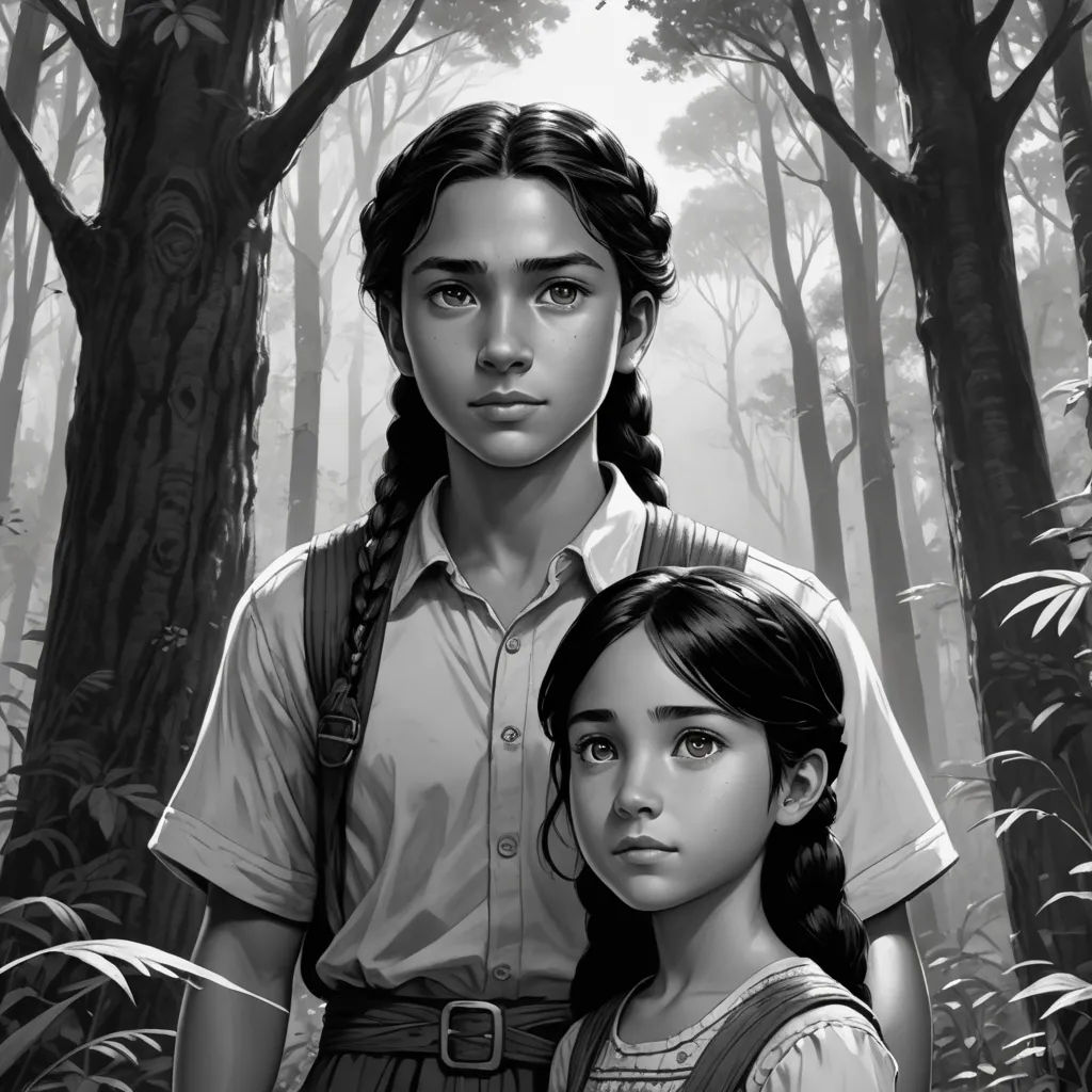 a black and white painting of a girl and a boy in a forest with trees and bushes behind them, serial art, a black and white photo, Brad Kunkle, official art