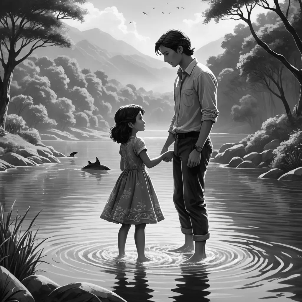 a man and a little girl standing in a lake holding hands and looking at each other with mountains in the background, magical realism, a storybook illustration, Cliff Childs, storybook illustration