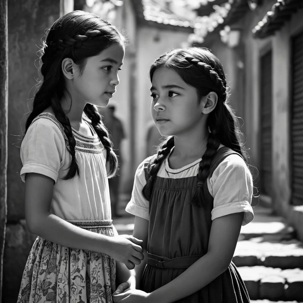 two young girls standing next to each other in a courtyard of a building with stairs and a doorway leading to another building, magical realism, a black and white photo, Chen Lu, cinematic photography