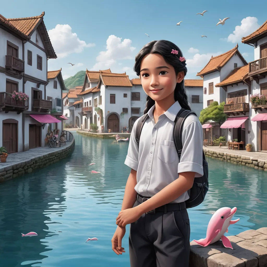a girl standing on a dock next to a body of water with a pink fish in it's mouth, magical realism, a detailed matte painting, Evgeny Lushpin, promotional image
