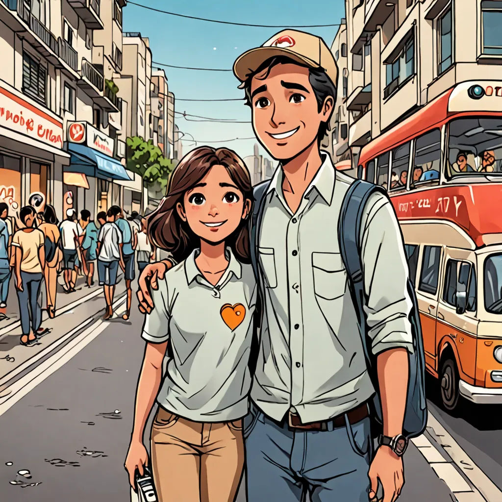 a man and woman are standing in the street with a bus in the background and people walking on the sidewalk, regionalism, a storybook illustration, Basuki Abdullah, comic cover art