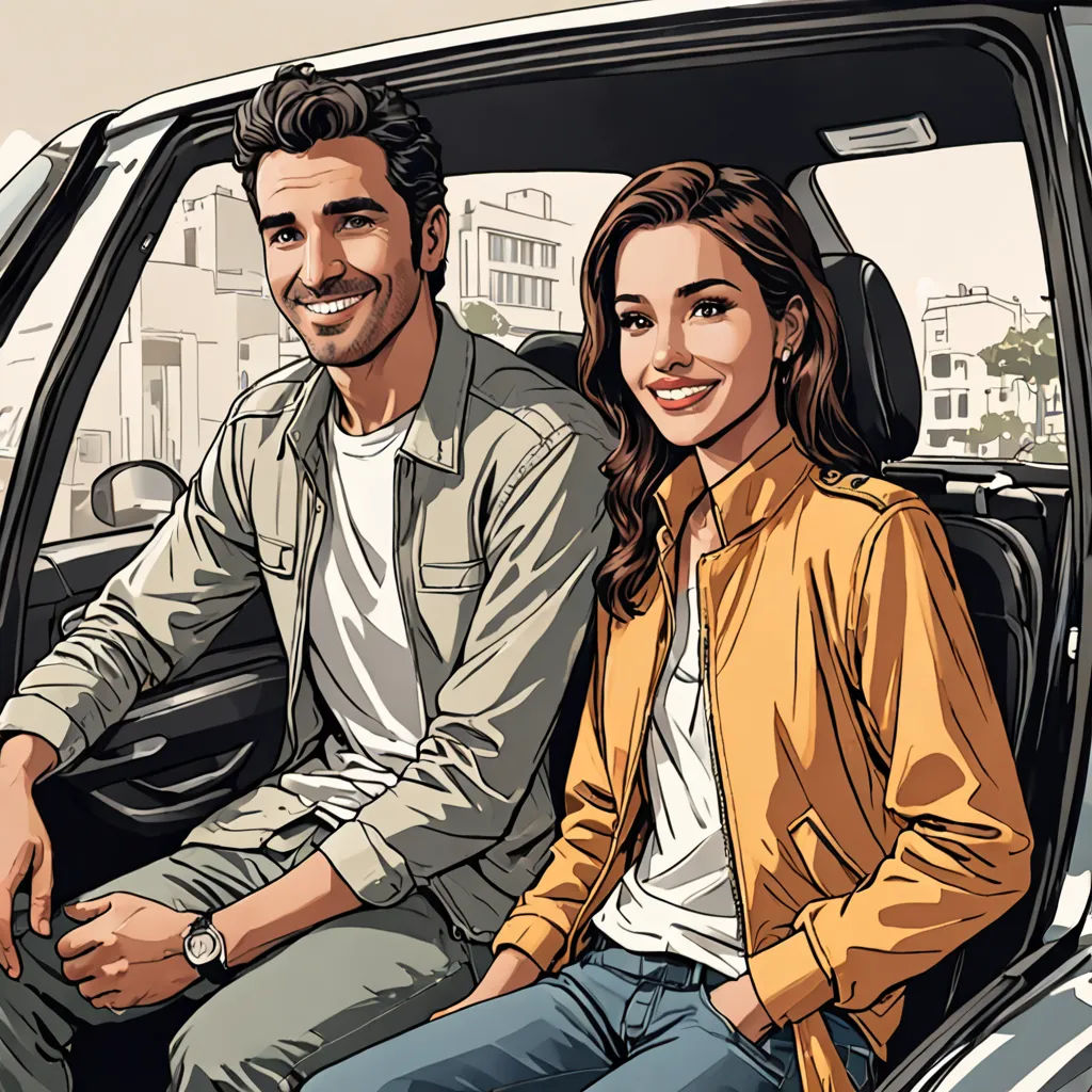 a man and woman sitting in the back of a car together, smiling at the camera, with a city in the background, les automatistes, a comic book panel, Asaf Hanuka, high detail illustration