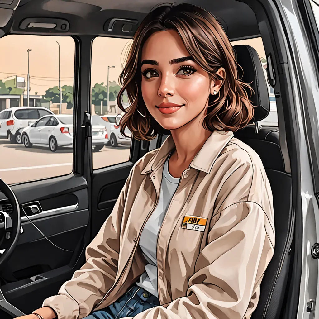a woman sitting in a car with a steering wheel and a car in the background with a parking lot, hyperrealism, a digital painting, Elina Karimova, highly detailed digital painting