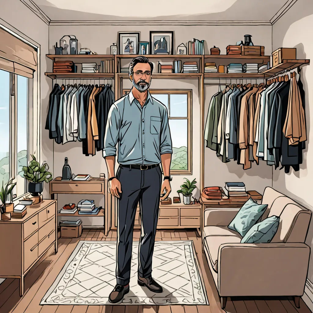 a man standing in a room with a lot of clothes on the shelves and a couch in the corner, postminimalism, a character portrait, Diego Gisbert Llorens, promotional image
