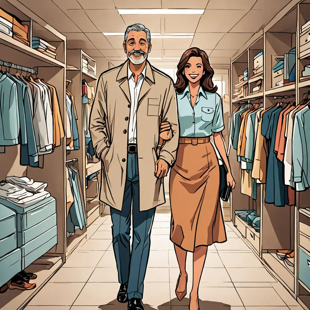 a man and a woman walking through a closet full of clothes and shirts on shelves, with a man in a tan coat and a blue shirt, private press, a storybook illustration, Christian Hilfgott Brand, detailed illustration