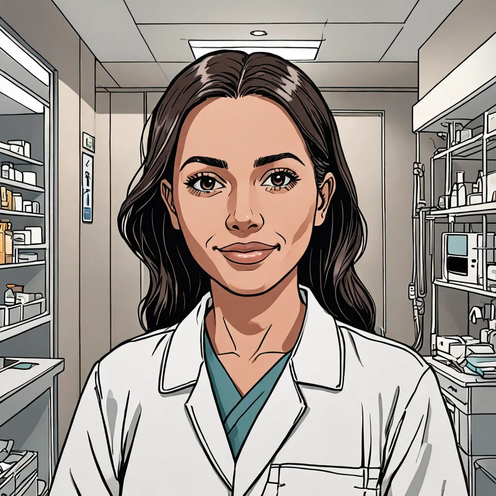 a woman in a lab coat standing in a laboratory with shelves of medicine equipment behind her and a cartoon of a woman in a lab coat, neoplasticism, a character portrait, Dr. Atl, high detail illustration