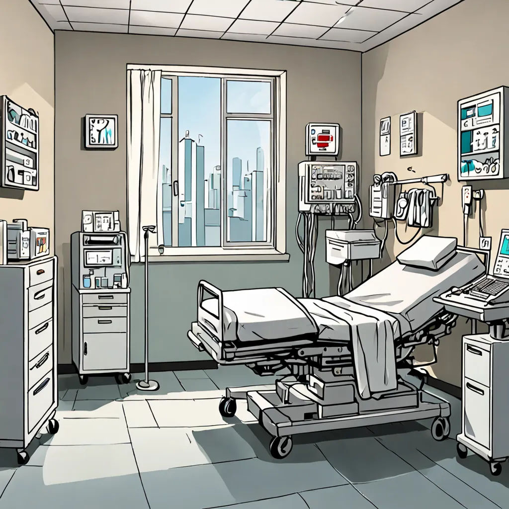 a hospital room with a bed, a monitor, and a window with a city view in the background, neoplasticism, a comic book panel, Asaf Hanuka, establishing shot