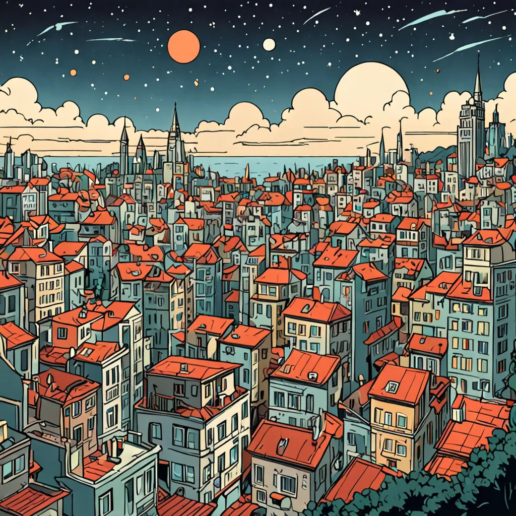 a city with red roofs and a red sky with stars and clouds in the background is a full moon, space art, a comic book panel, Asaf Hanuka, josan gonzales and dan mumford