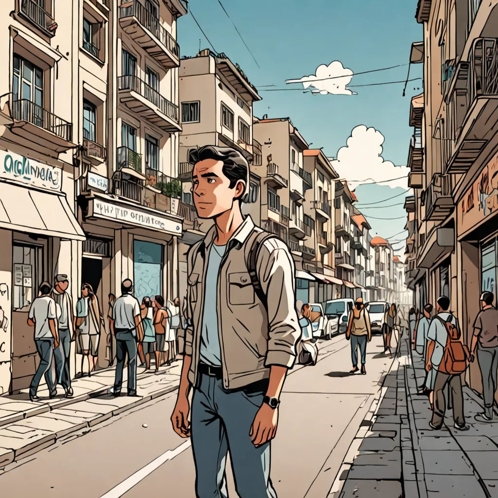 a man standing on a street corner in front of a building with a lot of people walking around it, les automatistes, a comic book panel, Asaf Hanuka, graphic novel