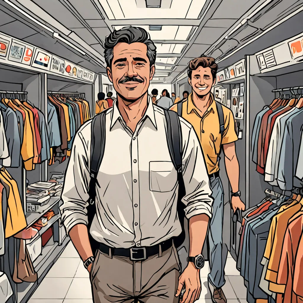 a man is standing in a store with a backpack on his shoulder and a man in the background is walking through the store, serial art, a storybook illustration, Asaf Hanuka, tom of finland