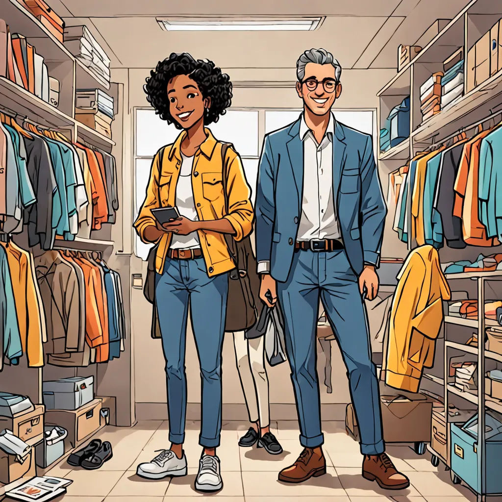 a man and woman standing in a closet with clothes on shelves and a suitcase in front of them,, process art, a storybook illustration, Colin Middleton, detailed illustration