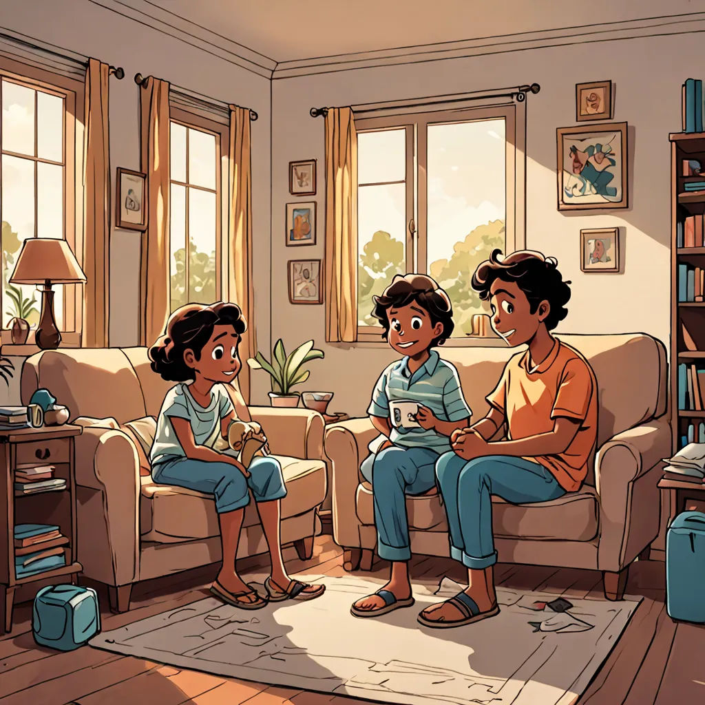 a couple of people sitting on a couch in a room with a rug and a book shelf with a lamp, american scene painting, a storybook illustration, Colin Middleton, official art