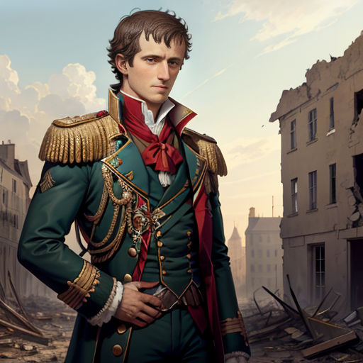 a man in a green uniform standing in a destroyed city street with buildings in the background and a sky with clouds