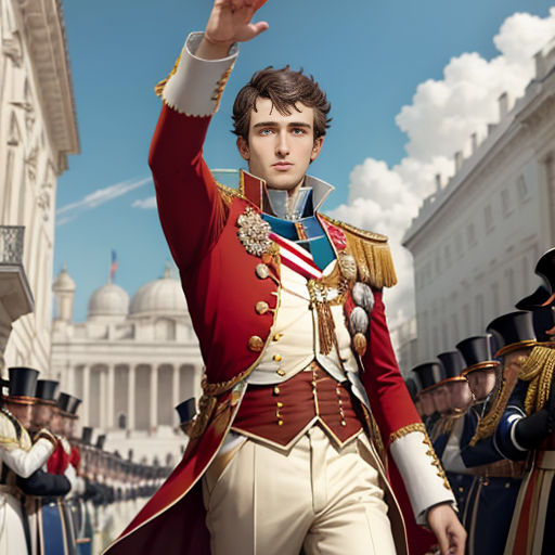 a man in a red uniform is waving to the crowd in front of a building and a white building