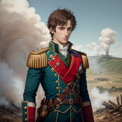 a painting of a man in a uniform standing in front of a mountain range with smoke coming from the sky