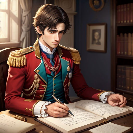 a man in a red uniform sitting at a desk with a book and pen in his hand and a book open to his left