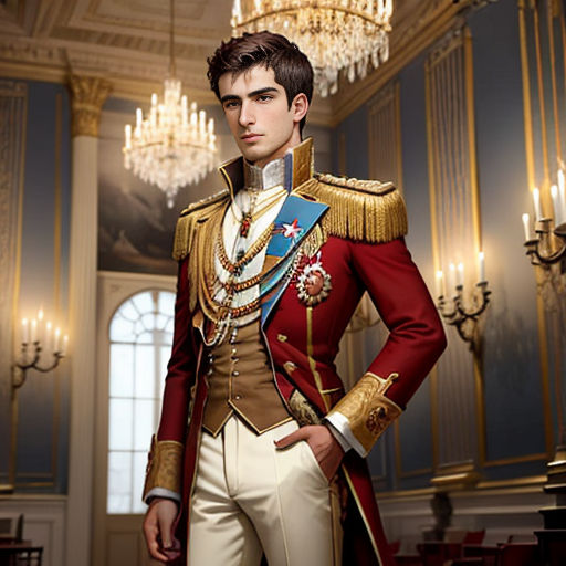 a man in a red and gold uniform standing in a room with chandeliers and chandeliers