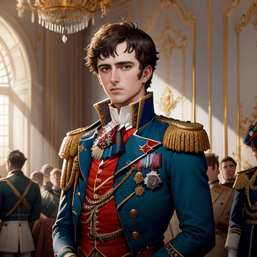 a painting of a man in a blue uniform in a room full of people and a chandelier