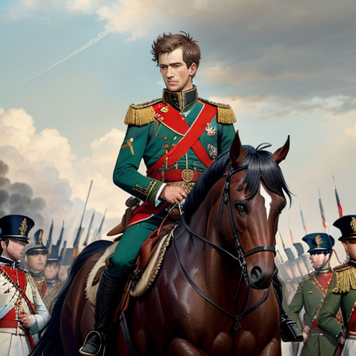 a painting of a man in uniform riding a horse with other men in uniform behind him and a sky background