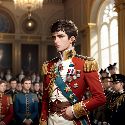 a man in a uniform standing in front of a crowd of people in uniform and in front of a chandelier