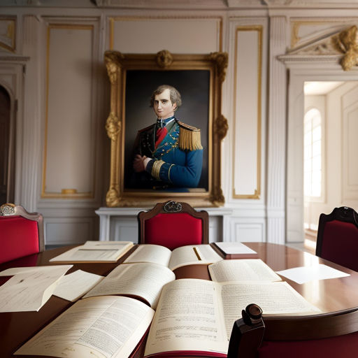 a table with a book open on it with a painting in the background of the room with a portrait of a man in uniform