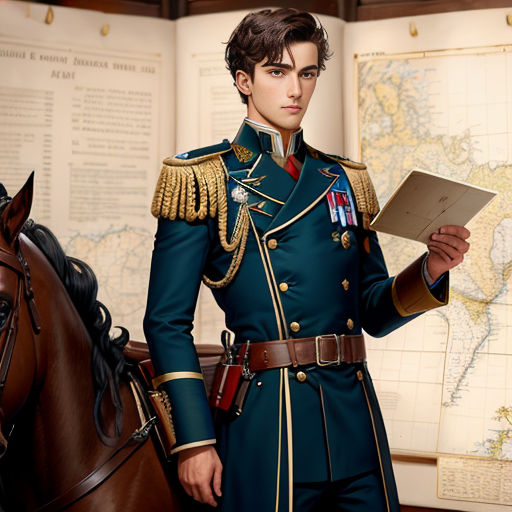 a man in a uniform standing next to a horse and holding a piece of paper in his hand and a map in his other hand