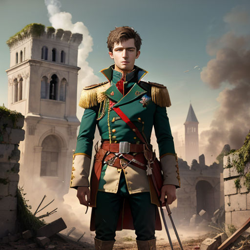a man in a military uniform standing in front of a castle with a sword in his hand and a gun in his other hand