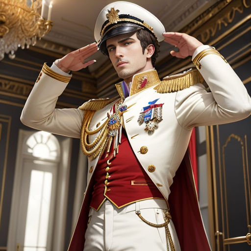 a man in a uniform saluting in a room with chandeliers and a chandelier hanging from the ceiling