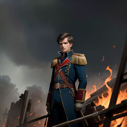 a man in a uniform standing in front of a fire and a fence with a sword in his hand