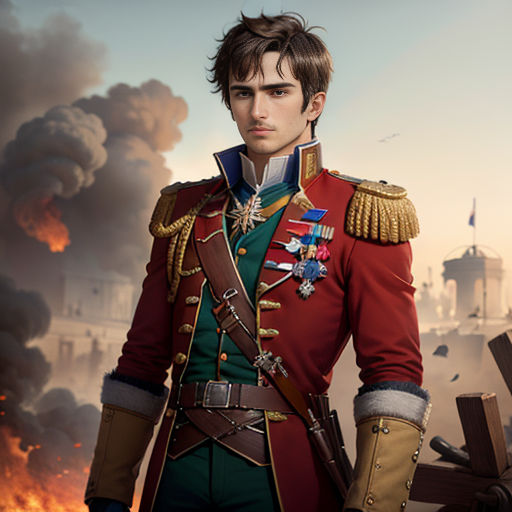 a man in a red uniform standing in front of a fire and smoke filled cityscape with a building in the background
