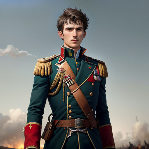 a man in a uniform standing in front of a sky with clouds and a building in the background with a smoke stack