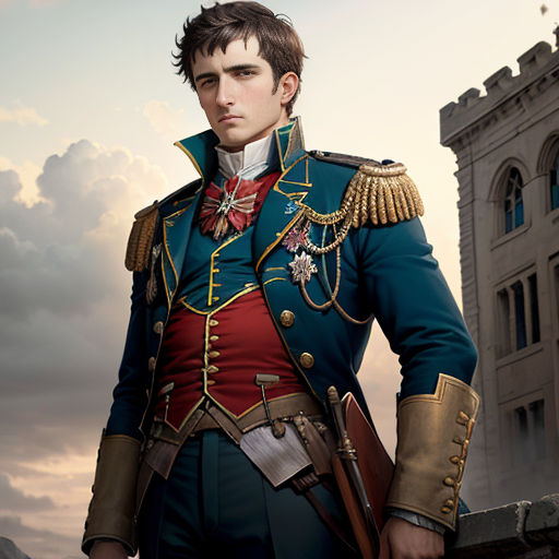 a man in a military uniform standing in front of a castle with a gun in his hand and a building in the background