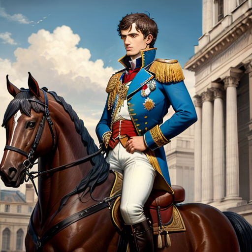 a man in a blue uniform is riding a horse in front of a building with columns and columns on it