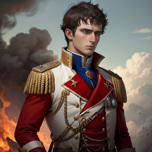 a man in a uniform standing in front of a fire and clouds background with a sky background and clouds