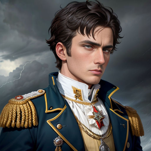 a painting of a man in a military uniform with a lightning in the background and a storm in the sky