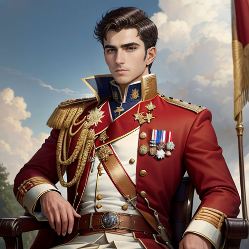 a man in a red uniform sitting in a chair with a flag in the background and clouds in the sky