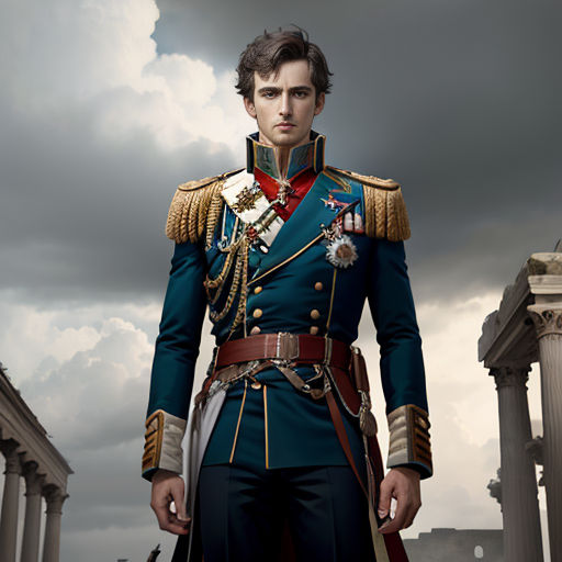 a man in a military uniform standing in front of a building with columns and a cloudy sky in the background