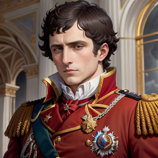 a painting of a man in a red uniform with a blue sash around his neck and a gold crown on his head