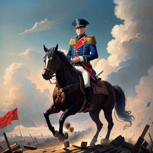 a painting of a man riding a horse in a military uniform on a cloudy day with a red flag