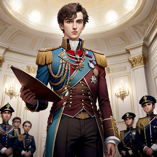 a man in a uniform standing in front of a group of men in uniform in a room with a domed ceiling