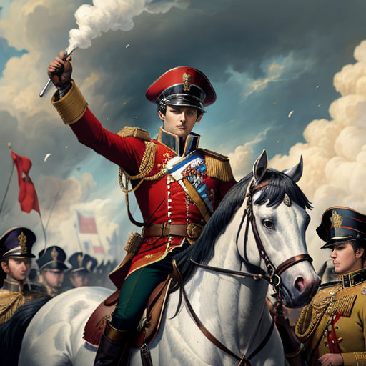 a painting of a man in uniform riding a horse with two other men in uniform behind him and a cloudy sky behind him