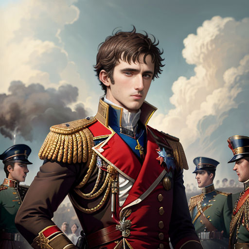 a painting of a man in a uniform standing in front of other men in uniform and smoke billowing