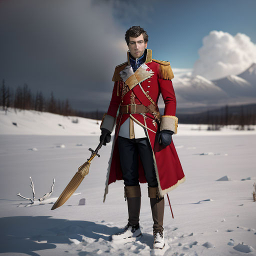 a man in a red uniform holding a sword and a sword in the snow with mountains in the background
