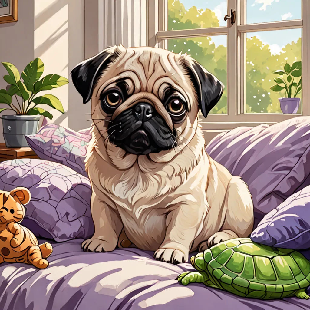 a pug dog sitting on a bed with a stuffed animal next to it and a window behind it, Cyril Rolando, sots art, a storybook illustration, highly detailed digital painting
