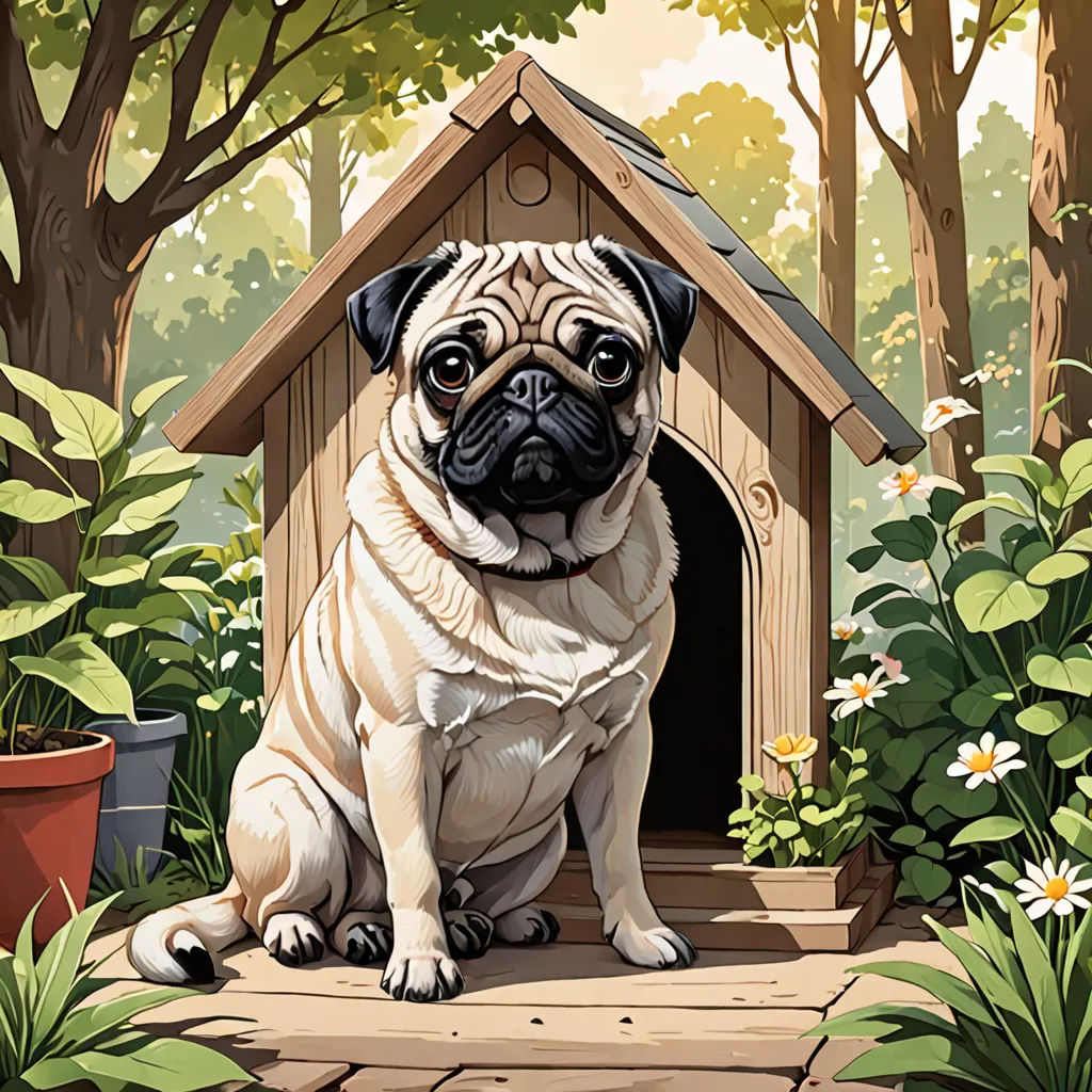 a dog sitting in a dog house in the woods with flowers and trees around it, with a dog inside, Dan Mumford, photorealism, a storybook illustration, highly detailed digital painting